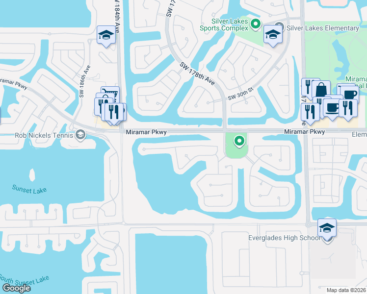 map of restaurants, bars, coffee shops, grocery stores, and more near 18062 Southwest 33rd Street in Miramar