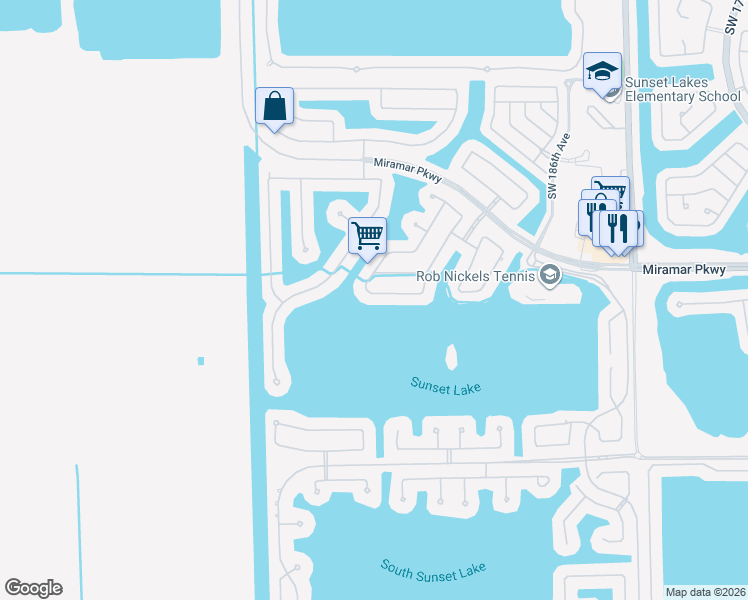 map of restaurants, bars, coffee shops, grocery stores, and more near 18990 Southwest 33rd Court in Miramar