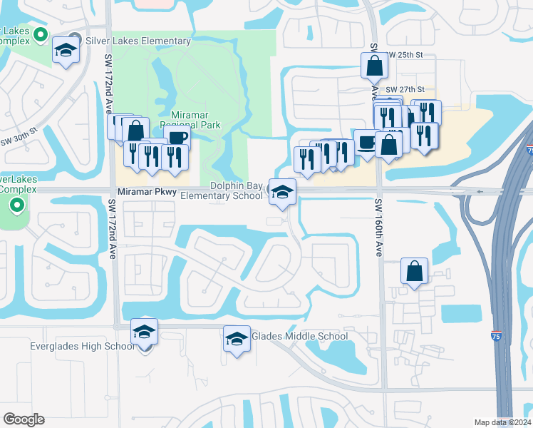 map of restaurants, bars, coffee shops, grocery stores, and more near 16450 Miramar Parkway in Miramar