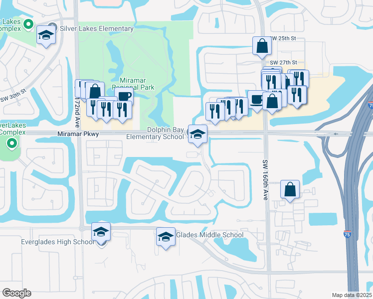map of restaurants, bars, coffee shops, grocery stores, and more near 16450 Miramar Parkway in Miramar