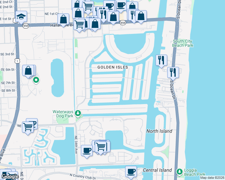 map of restaurants, bars, coffee shops, grocery stores, and more near 419 Alamanda Drive in Hallandale Beach