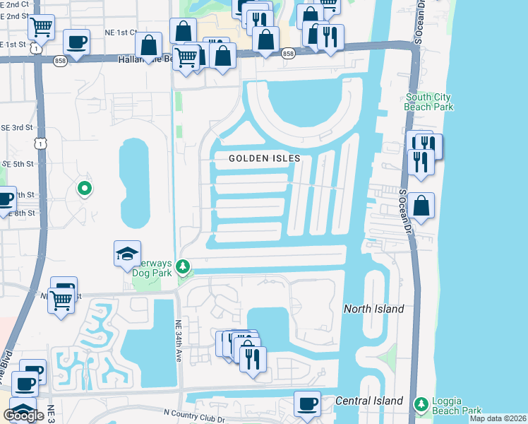 map of restaurants, bars, coffee shops, grocery stores, and more near 419 Alamanda Drive in Hallandale Beach