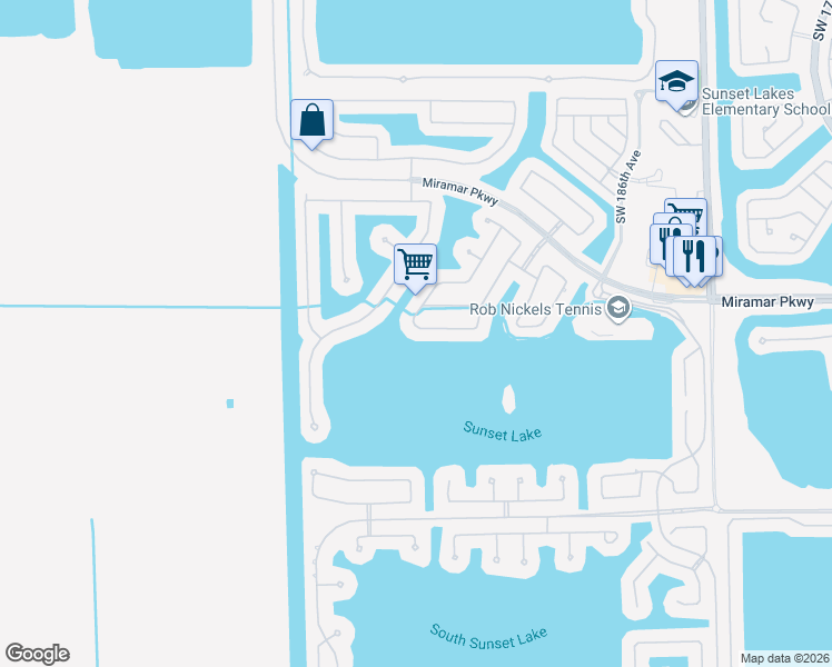 map of restaurants, bars, coffee shops, grocery stores, and more near 18990 Southwest 33rd Court in Miramar