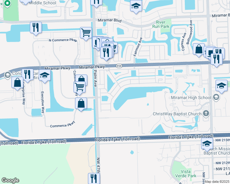 map of restaurants, bars, coffee shops, grocery stores, and more near 9949 West Daffodil Lane in Miramar