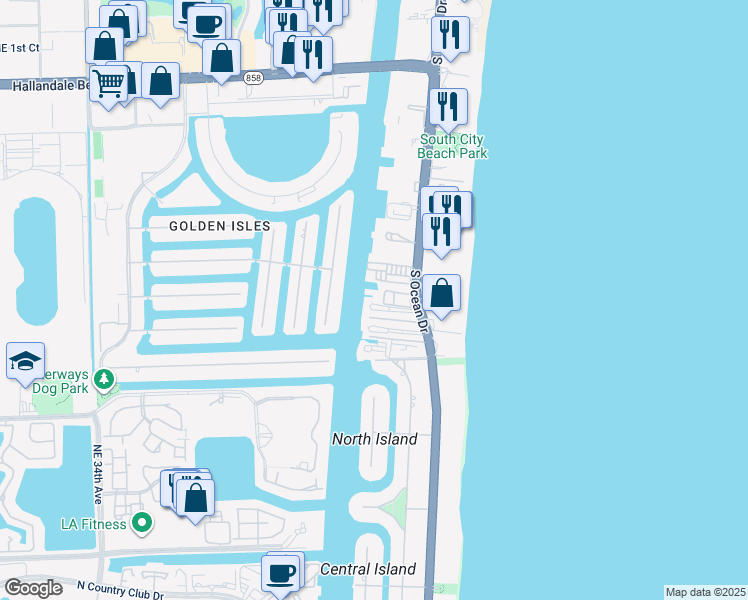 map of restaurants, bars, coffee shops, grocery stores, and more near 3127 South Ocean Drive in Hallandale Beach