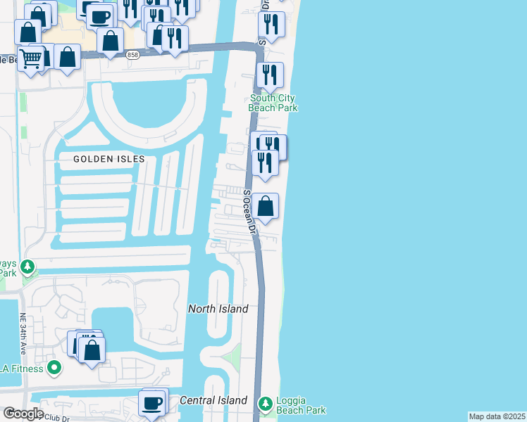 map of restaurants, bars, coffee shops, grocery stores, and more near 2076 South Ocean Drive in Hallandale Beach