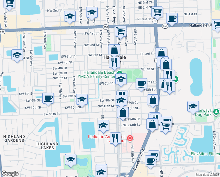 map of restaurants, bars, coffee shops, grocery stores, and more near 103 Southwest 8th Street in Hallandale Beach