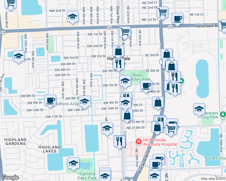 map of restaurants, bars, coffee shops, grocery stores, and more near 103 Southwest 8th Street in Hallandale Beach
