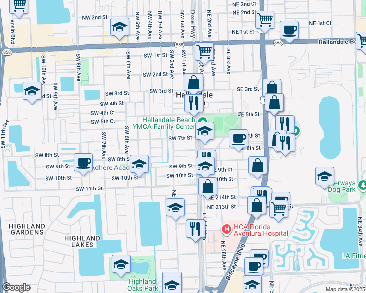 map of restaurants, bars, coffee shops, grocery stores, and more near 103 Southwest 8th Street in Hallandale Beach
