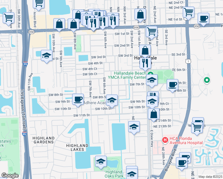 map of restaurants, bars, coffee shops, grocery stores, and more near 719 Southwest 6th Avenue in Hallandale Beach