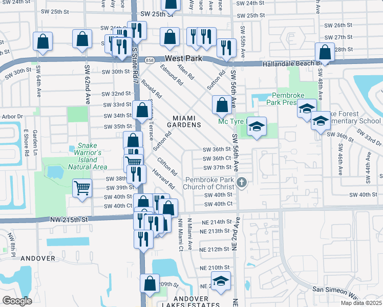 map of restaurants, bars, coffee shops, grocery stores, and more near 3614 Southwest 58th Avenue in West Park