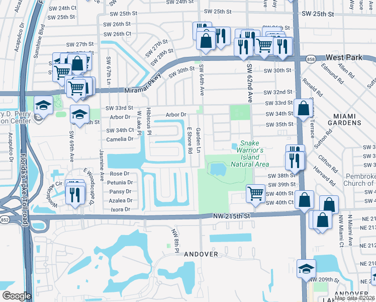 map of restaurants, bars, coffee shops, grocery stores, and more near 3613 East Shore Road in Miramar