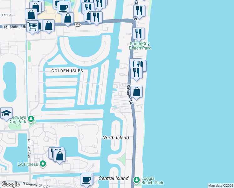 map of restaurants, bars, coffee shops, grocery stores, and more near 3127 South Ocean Drive in Hallandale Beach