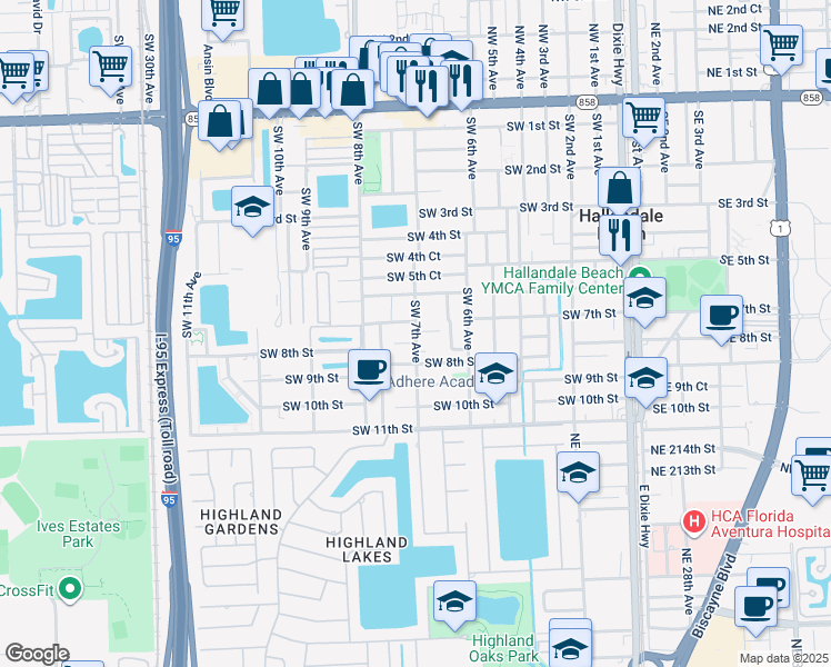 map of restaurants, bars, coffee shops, grocery stores, and more near 729 Southwest 7th Court in Hallandale Beach