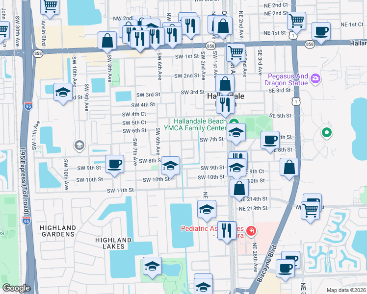 map of restaurants, bars, coffee shops, grocery stores, and more near 734 Southwest 4 Avenue in Hallandale Beach