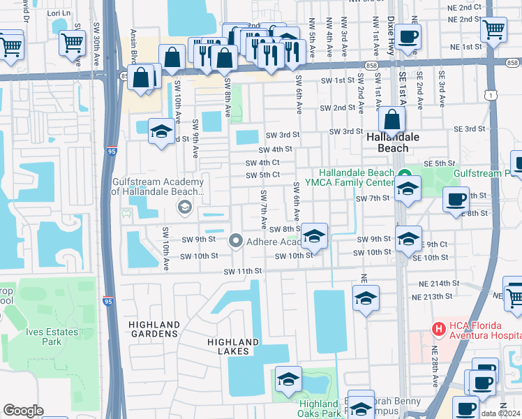 map of restaurants, bars, coffee shops, grocery stores, and more near 729 Southwest 7th Court in Hallandale Beach
