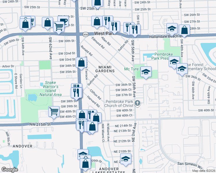 map of restaurants, bars, coffee shops, grocery stores, and more near 3614 Southwest 58th Avenue in West Park