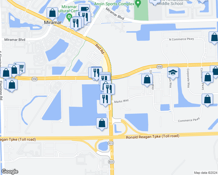 map of restaurants, bars, coffee shops, grocery stores, and more near 3487-3659 Southwest 111A in Miramar