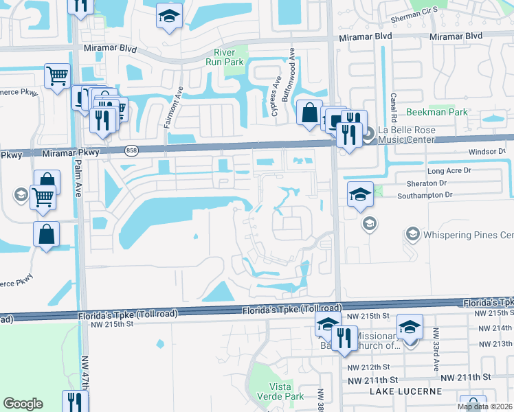 map of restaurants, bars, coffee shops, grocery stores, and more near 3403 Foxcroft Road in Miramar
