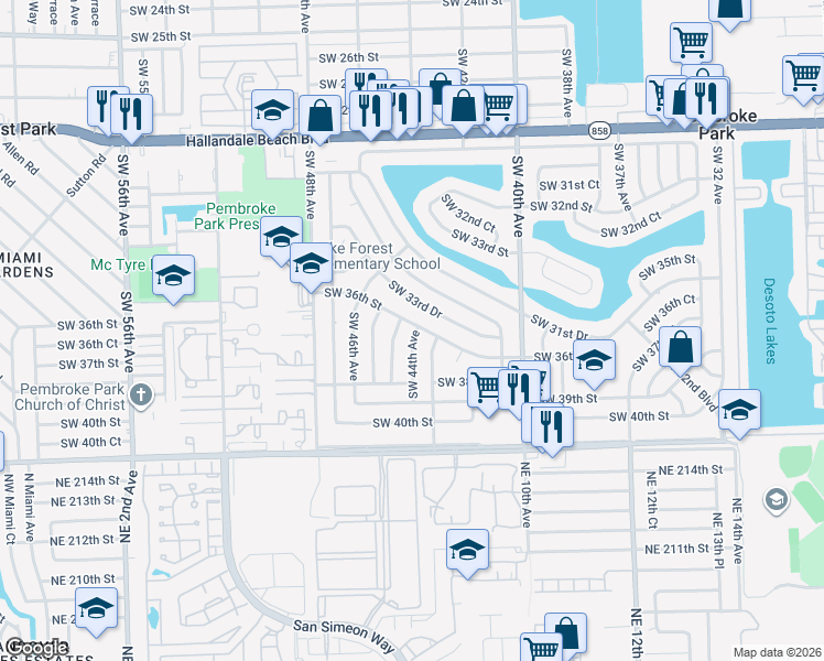 map of restaurants, bars, coffee shops, grocery stores, and more near 4400 Southwest 36th Street in West Park