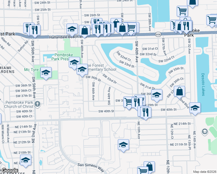 map of restaurants, bars, coffee shops, grocery stores, and more near 4400 Southwest 36th Street in West Park