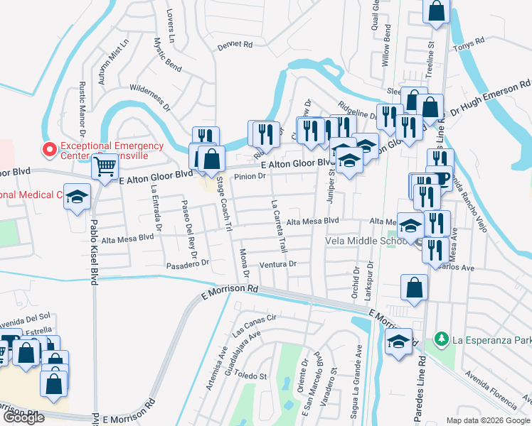 map of restaurants, bars, coffee shops, grocery stores, and more near 1488 Alta Mesa Blvd in Brownsville