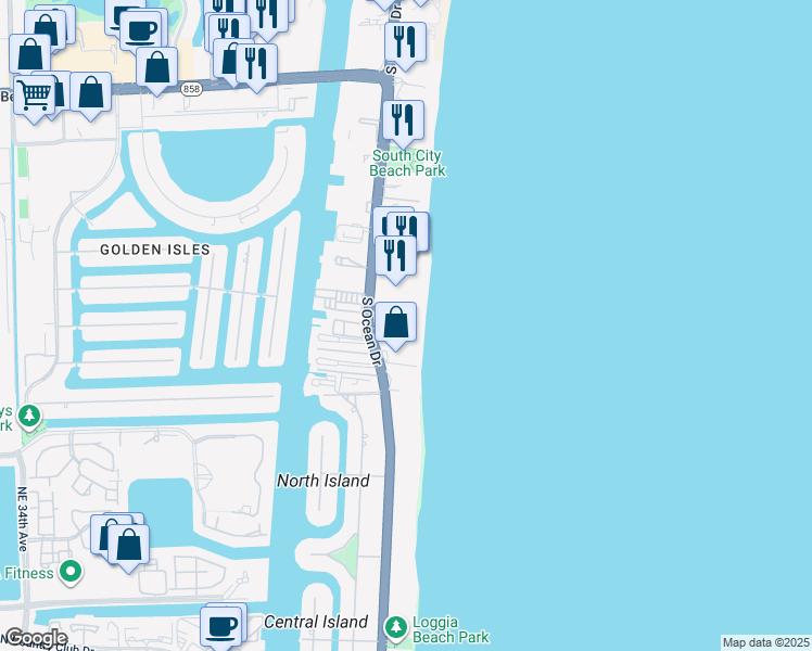 map of restaurants, bars, coffee shops, grocery stores, and more near 2076 South Ocean Drive in Hallandale Beach