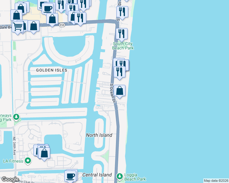 map of restaurants, bars, coffee shops, grocery stores, and more near 2076 South Ocean Drive in Hallandale Beach