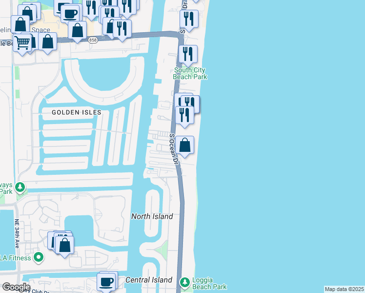 map of restaurants, bars, coffee shops, grocery stores, and more near 2080 South Ocean Drive in Hallandale Beach