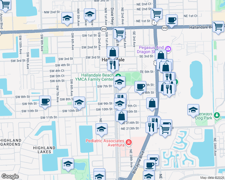 map of restaurants, bars, coffee shops, grocery stores, and more near 806 South Dixie Highway in Hallandale Beach