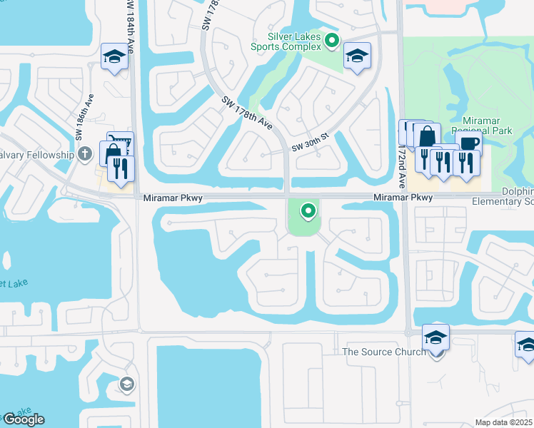 map of restaurants, bars, coffee shops, grocery stores, and more near 3352 Southwest 179th Avenue in Miramar