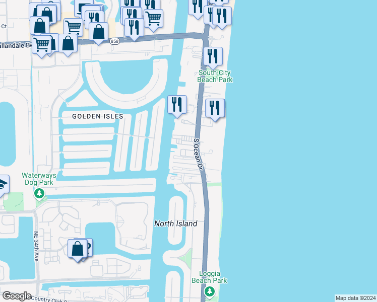 map of restaurants, bars, coffee shops, grocery stores, and more near 3121 South Ocean Drive in Hallandale Beach