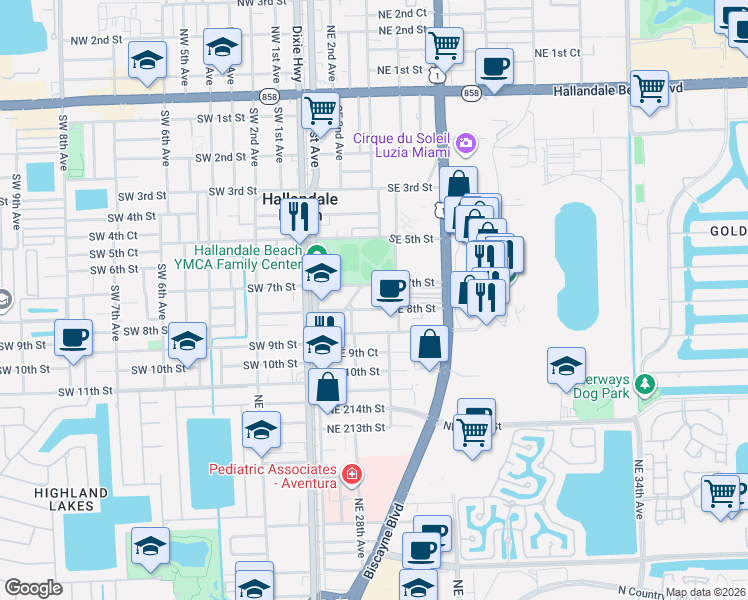map of restaurants, bars, coffee shops, grocery stores, and more near 220 Southeast 8th Street in Hallandale Beach