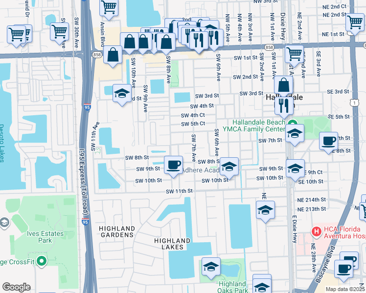 map of restaurants, bars, coffee shops, grocery stores, and more near 729 Southwest 7th Court in Hallandale Beach