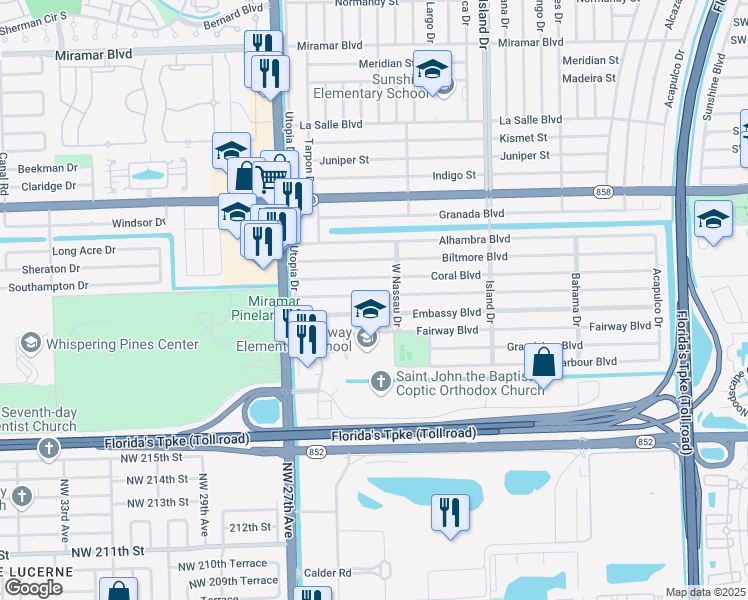 map of restaurants, bars, coffee shops, grocery stores, and more near 7812 Embassy Boulevard in Miramar