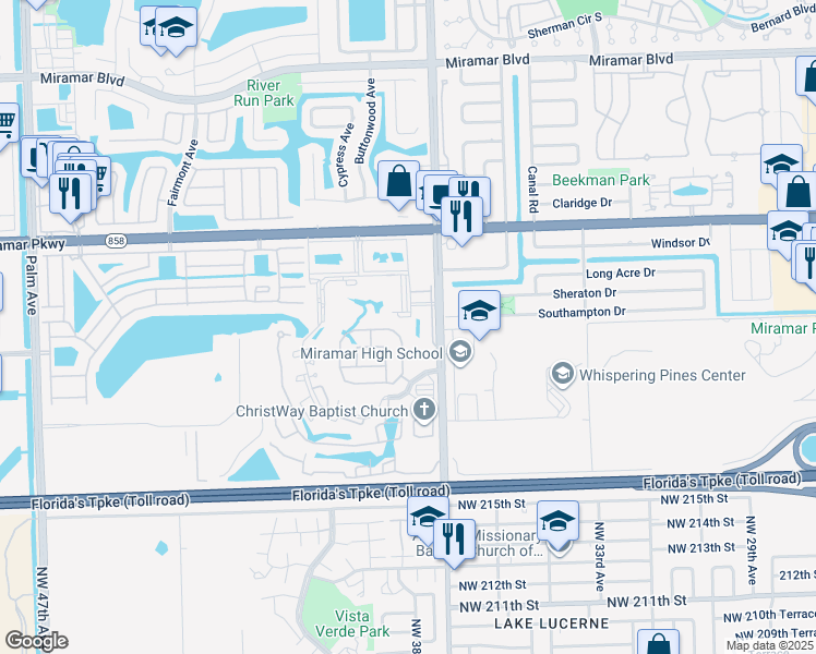 map of restaurants, bars, coffee shops, grocery stores, and more near 3535 Southwest 90th Avenue in Miramar