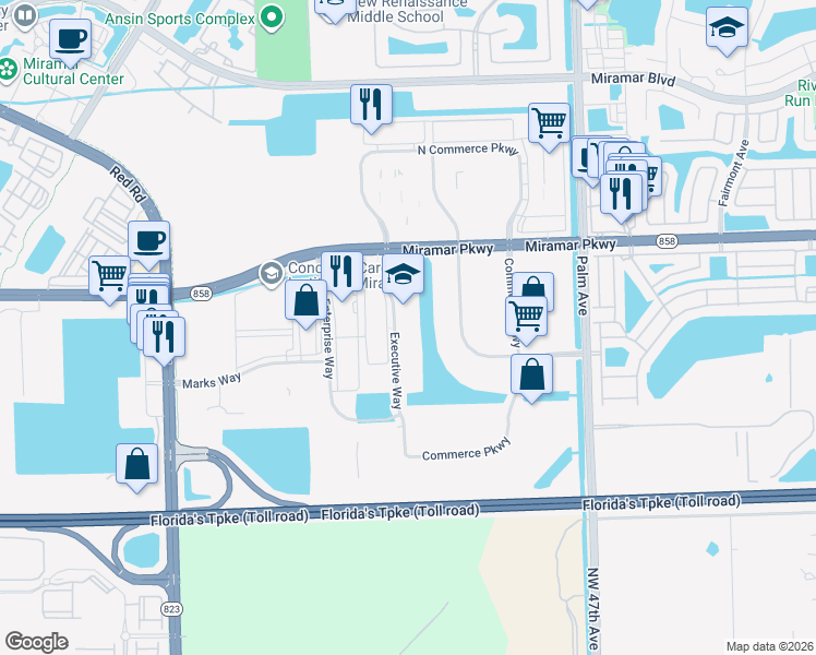 map of restaurants, bars, coffee shops, grocery stores, and more near 3351 Executive Way in Miramar