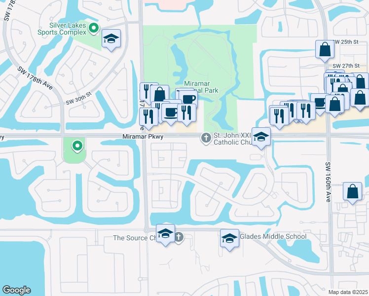 map of restaurants, bars, coffee shops, grocery stores, and more near 3417 Southwest 169th Terrace in Miramar