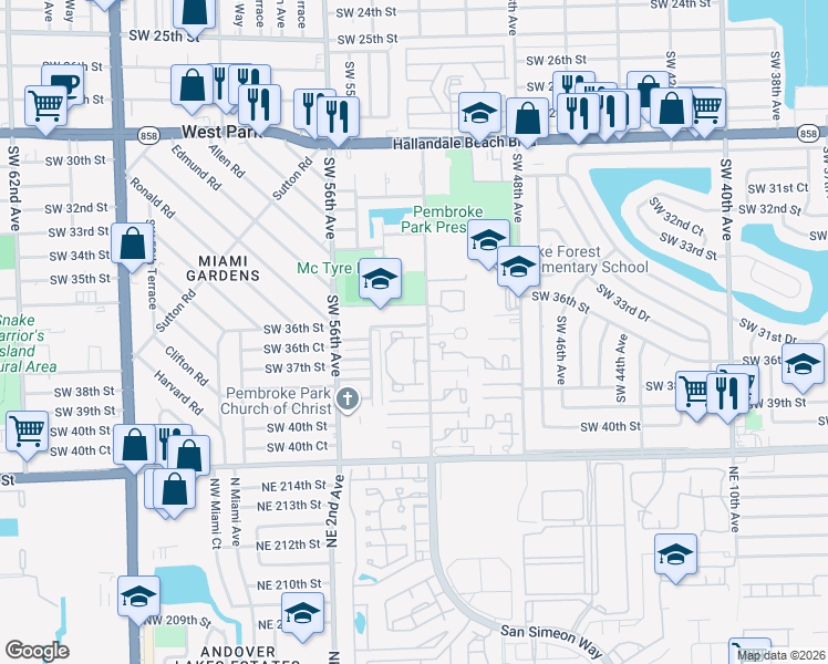 map of restaurants, bars, coffee shops, grocery stores, and more near 3700 Southwest 52nd Avenue in Pembroke Park