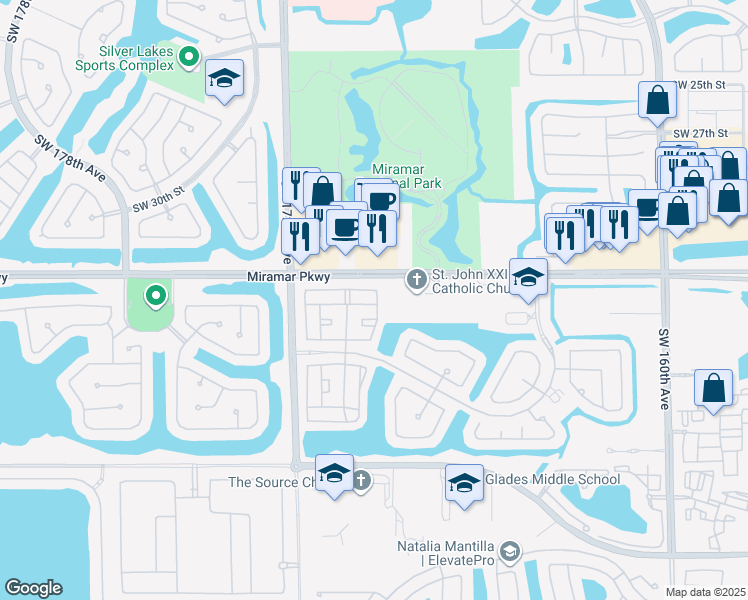 map of restaurants, bars, coffee shops, grocery stores, and more near 3417 Southwest 169th Terrace in Miramar