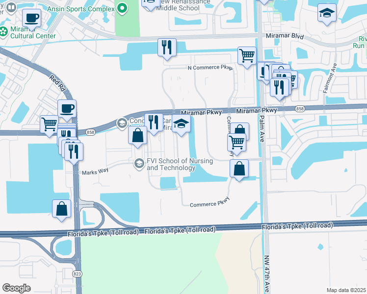 map of restaurants, bars, coffee shops, grocery stores, and more near 3201 Executive Way in Miramar