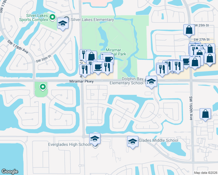 map of restaurants, bars, coffee shops, grocery stores, and more near 3417 Southwest 169th Terrace in Miramar