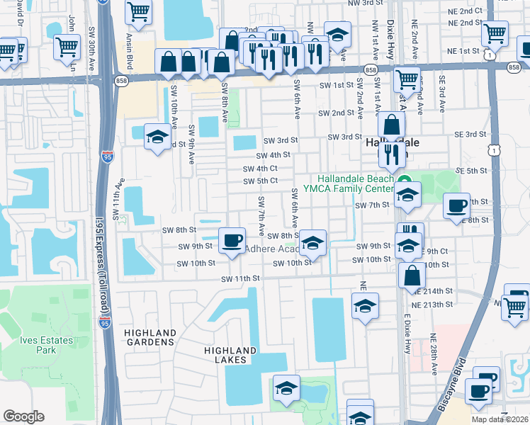 map of restaurants, bars, coffee shops, grocery stores, and more near 635 Southwest 7th Court in Hallandale Beach