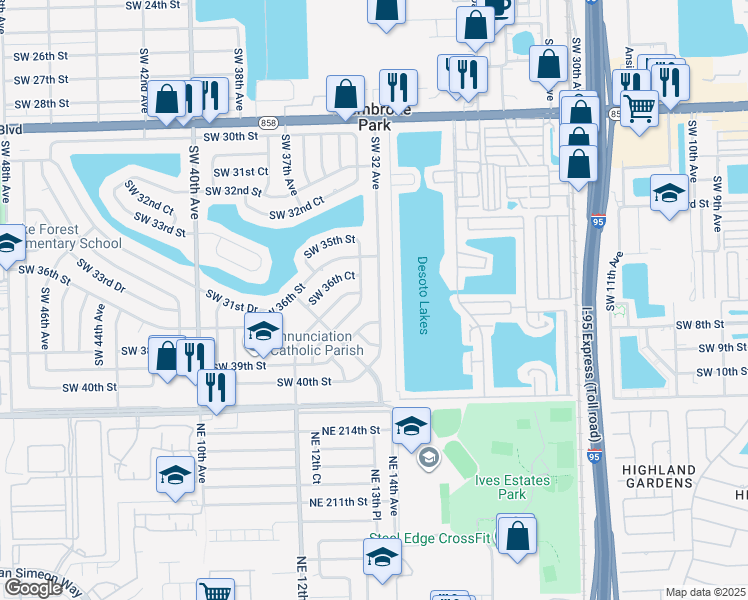 map of restaurants, bars, coffee shops, grocery stores, and more near 3811 Southwest 32 Avenue in West Park