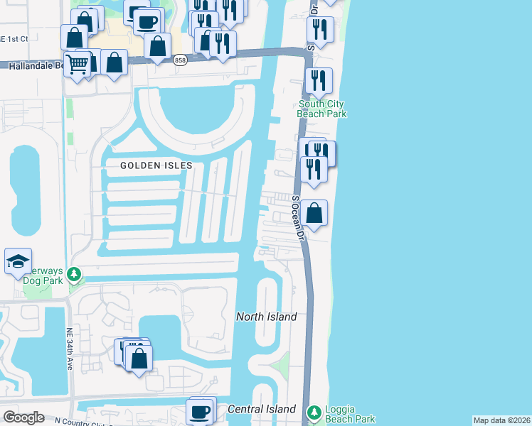 map of restaurants, bars, coffee shops, grocery stores, and more near 3127 South Ocean Drive in Hallandale Beach
