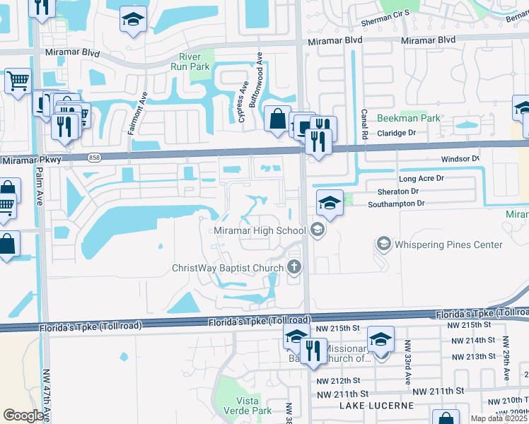 map of restaurants, bars, coffee shops, grocery stores, and more near 9077 Southwest 34th Court in Miramar