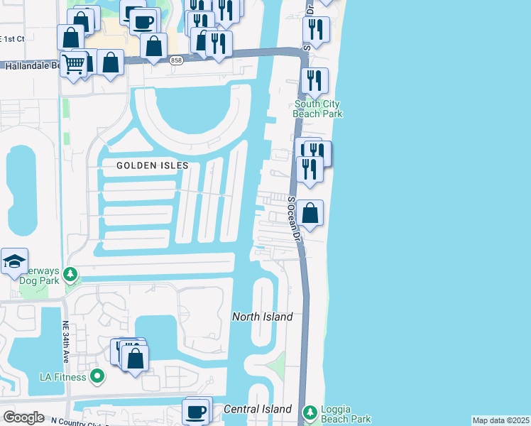 map of restaurants, bars, coffee shops, grocery stores, and more near 3127 South Ocean Drive in Hallandale Beach