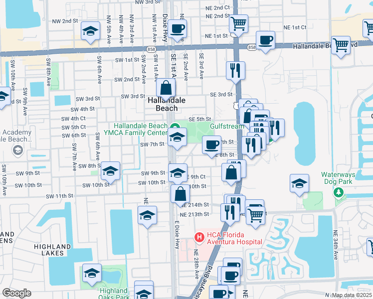 map of restaurants, bars, coffee shops, grocery stores, and more near 803 Southeast 2nd Avenue in Hallandale Beach