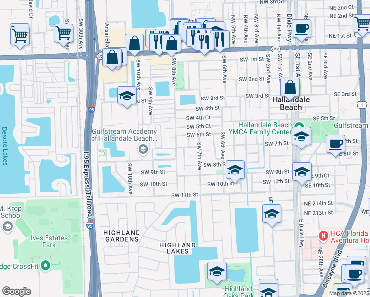 map of restaurants, bars, coffee shops, grocery stores, and more near 729 Southwest 7th Court in Hallandale Beach
