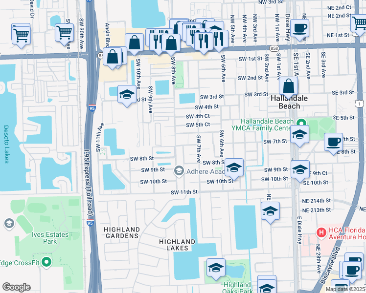 map of restaurants, bars, coffee shops, grocery stores, and more near 729 Southwest 7th Court in Hallandale Beach